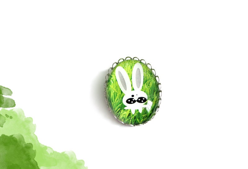 Bunny brooch, animal brooch with glass, green, simple