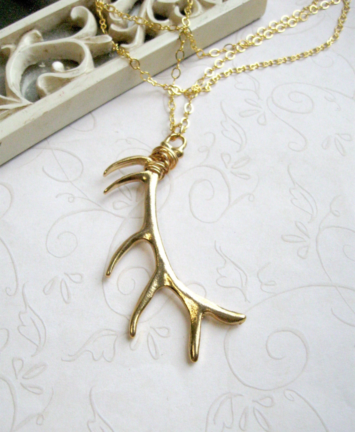 Gold antler necklace, wire wrapped - long gold chain - nature jewelry, wildlife