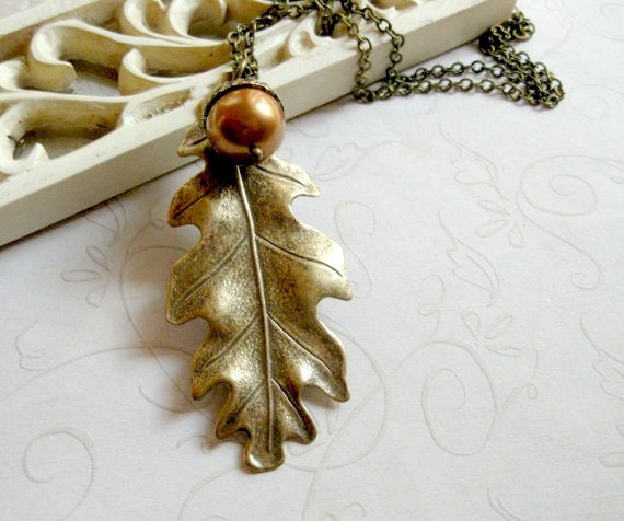 Oak leaf necklace, long brass chain - nature jewelry, woodland