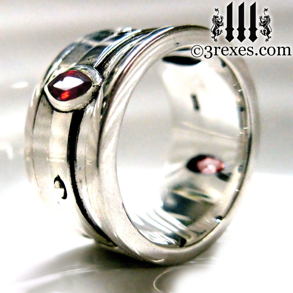 Mens Wedding Ring Gothic Engagement Band Black Onyx & Garnet Moorish Marquise Size 12.5