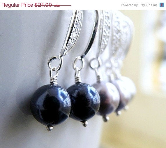 15% Off Sale Bridal Swarovski CZ Earrings Navy Blue Round Pearl and Sterling Silver CZ Dangle Earrings - Bella E14Blue Wedding Jewelry