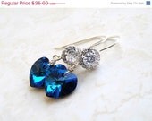 15% Off Sale Royal Blue Sea Green Swarovski Crystal Heart Earrings CZ Halo Silver Dangle Valentines Bridesmaid Jewelry Wedding Jewelry
