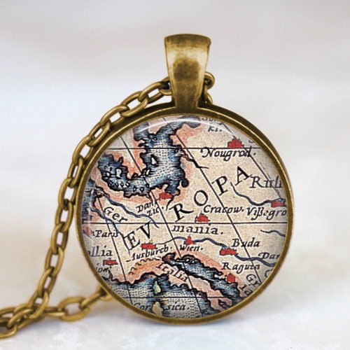 Europe vintage map necklace, europe map  pendant, europe map jewelry, keepsake map pendant