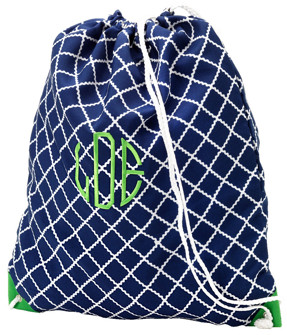 Monogrammed  Navy Blue Green Gym Bag with Drawstring Academy Backpack School Bookbag