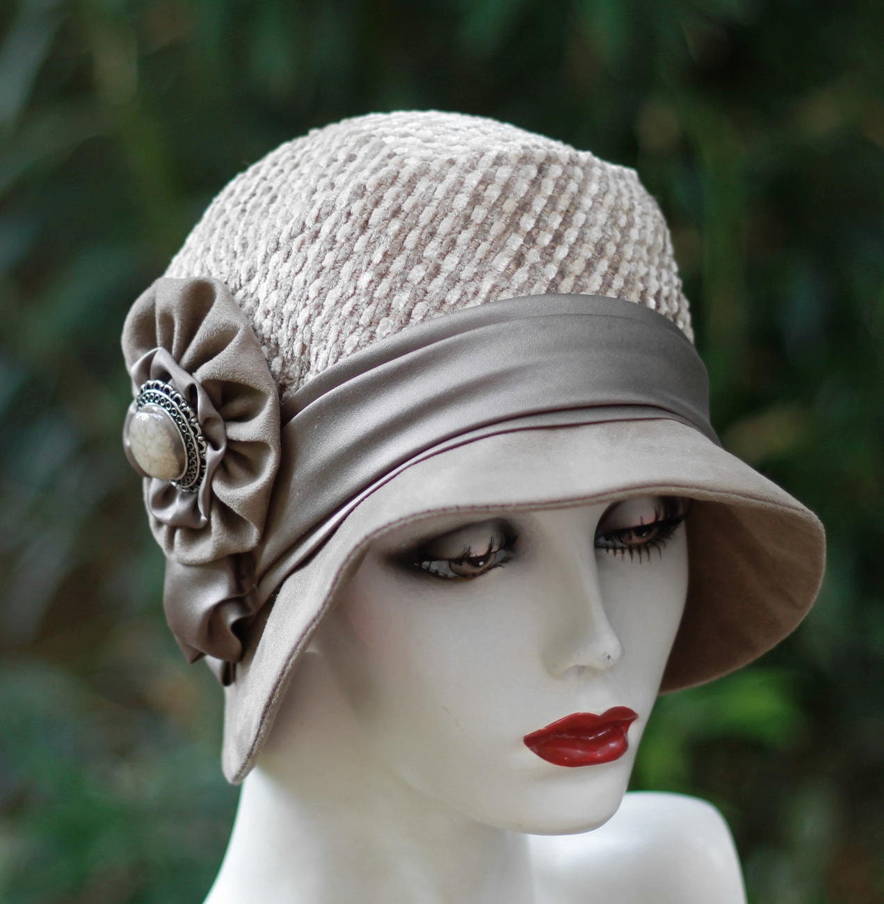 Fall and Winter Womens Hat Warm Fabric 20's Vintage Style Cloche Hats Beige Taupe