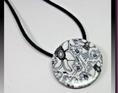 Polymer Clay Black & White Graphic Round Doodle Pendant, handmade jewelry