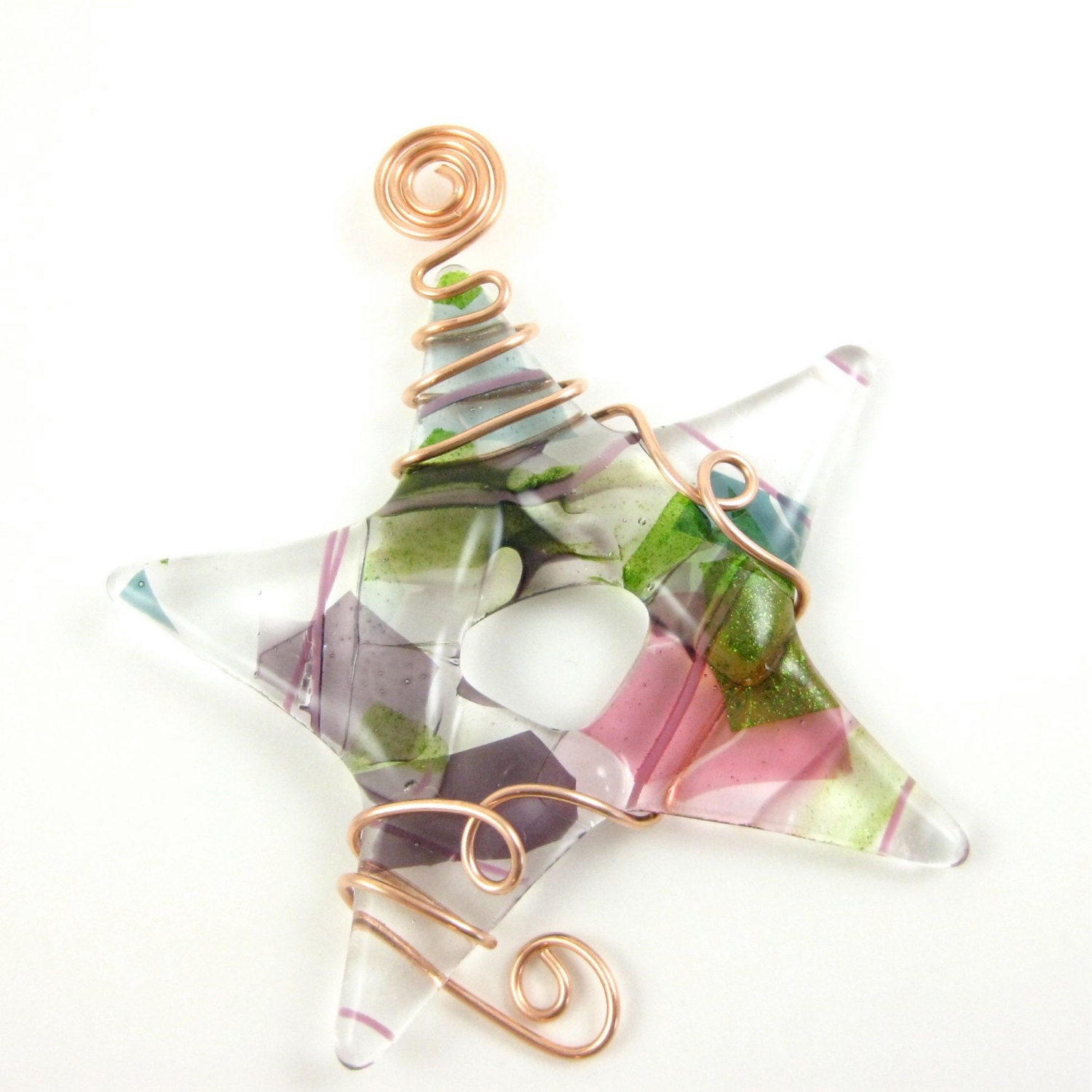 Fused Glass Star Suncatcher Ornament Pink Green and Purple - Limited Edition