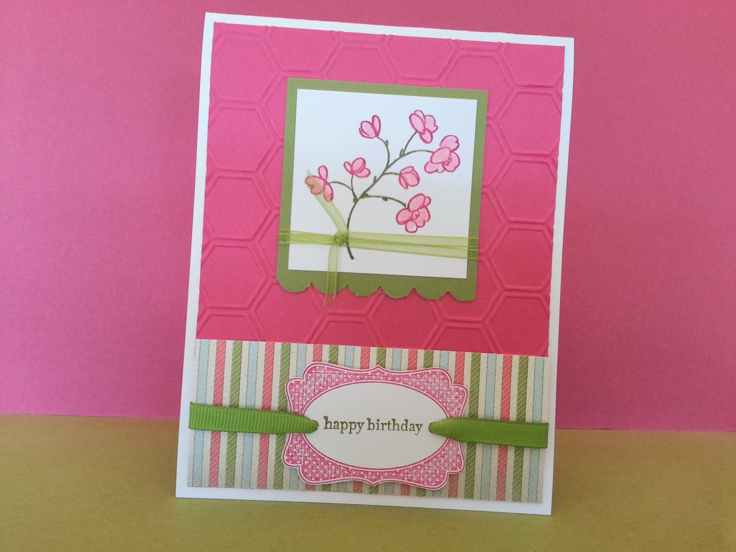 Birthday card Handmade flowers and stripes Il_570xn