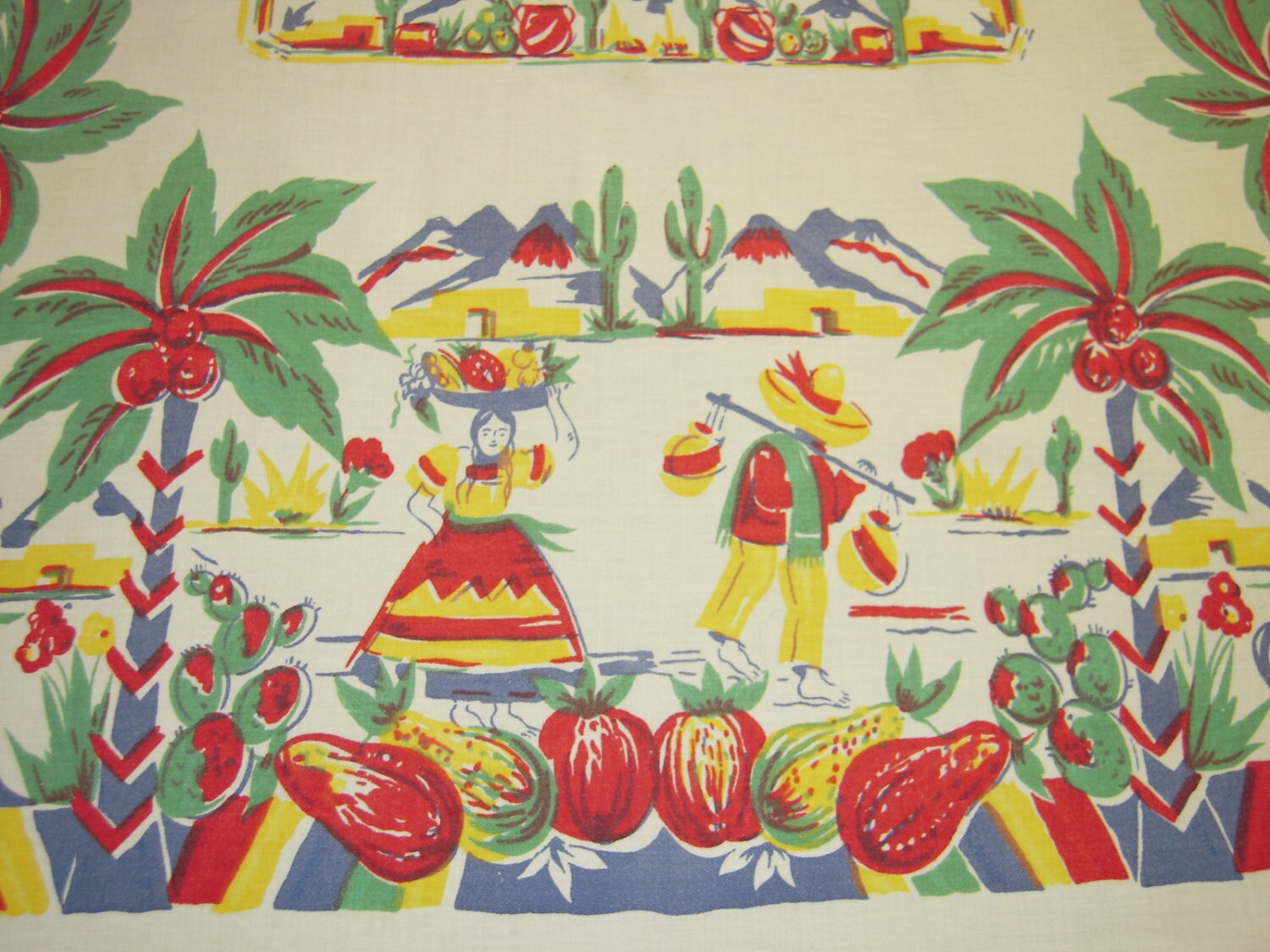 Vintage Mexican Tablecloth Colorful Village Fiesta