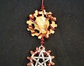 Wire Wrapped STEAMPUNK PENDANT - Elemental Eclipse with Pentacle, Citrine, Copper Wire and Cog - Dress Up - Gift - Fashion - Fun