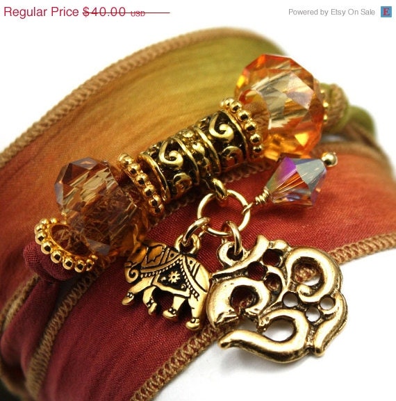 ON SALE: Autumn Leaves Silk Wrap Yoga Bracelet with Antique Om and Indian Elephant - anjalicreations