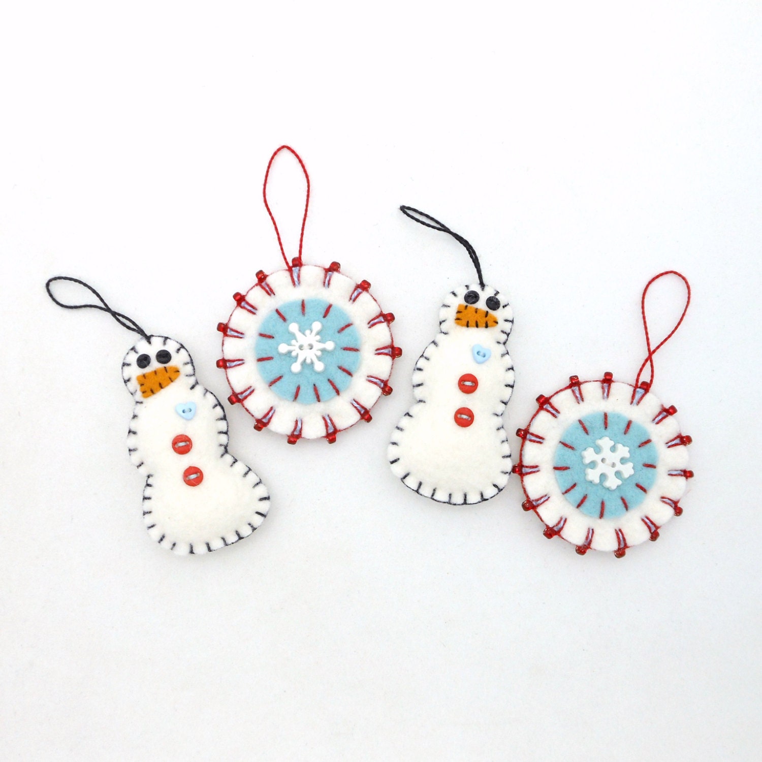 Hand Sewn Penny Rug Style Christmas Ornaments Set of 4 by maryimp