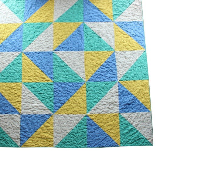 Modern Patchwork Queen Bed Quilt - Large Triangles in Shades of Blue, Turquoise, Yellow, and White