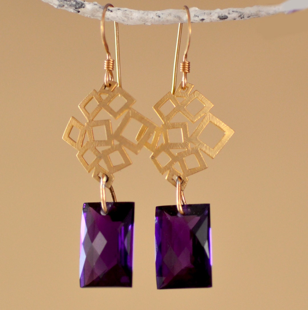 Amethyst Earrings. Deep Purple Amethyst on Gold Squares Earrings. Gemstone 14 K gold filled Earrings. Mixed Metal. Fine Jewelry.