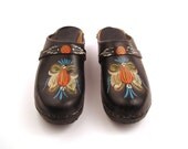 Painted Wooden Clogs Shoes Vintage 1970s Navy Blue Leather Size 37