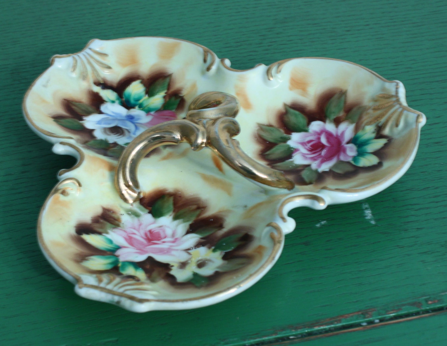 Vintage Porcelain Hand Painted Roses Jewelry Dish Pin Dish