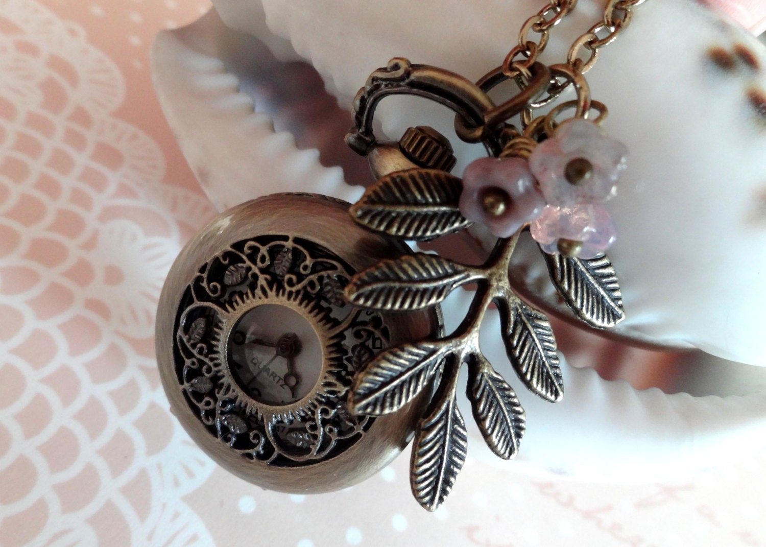 Little Vineyard. Pocket Watch Necklace with Sprig Charm in Antique Finish.