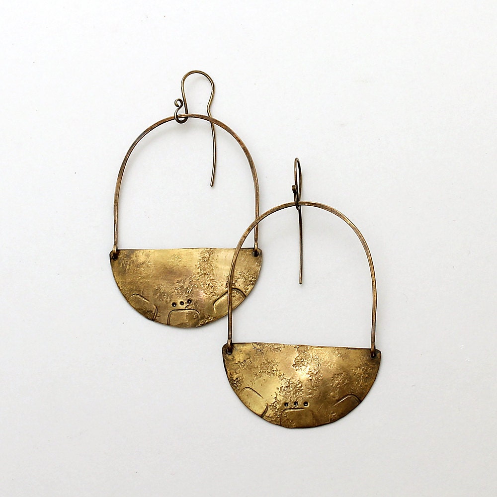 Brass Blade Earrings, Rustic Textured Southwest Design