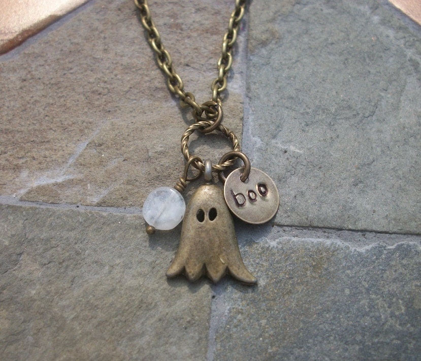 Lil Ghost Necklace - Expressions - Jewelry With A Statement - Ghost Charm, Moonstone Gemstone, Boo Tag - Halloween Inspired - allstrungout1