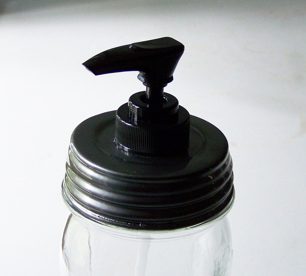 Mason Jar Soap Dispenser Lid, black plastic pump, smooth gray rustproof lid