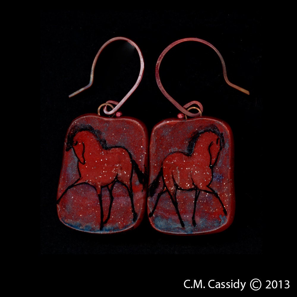 Red Horse Cantering Earrings with Copper Wires. Copper Red, Green and Black. Original Ink Drawing on Polymer Clay. 3122