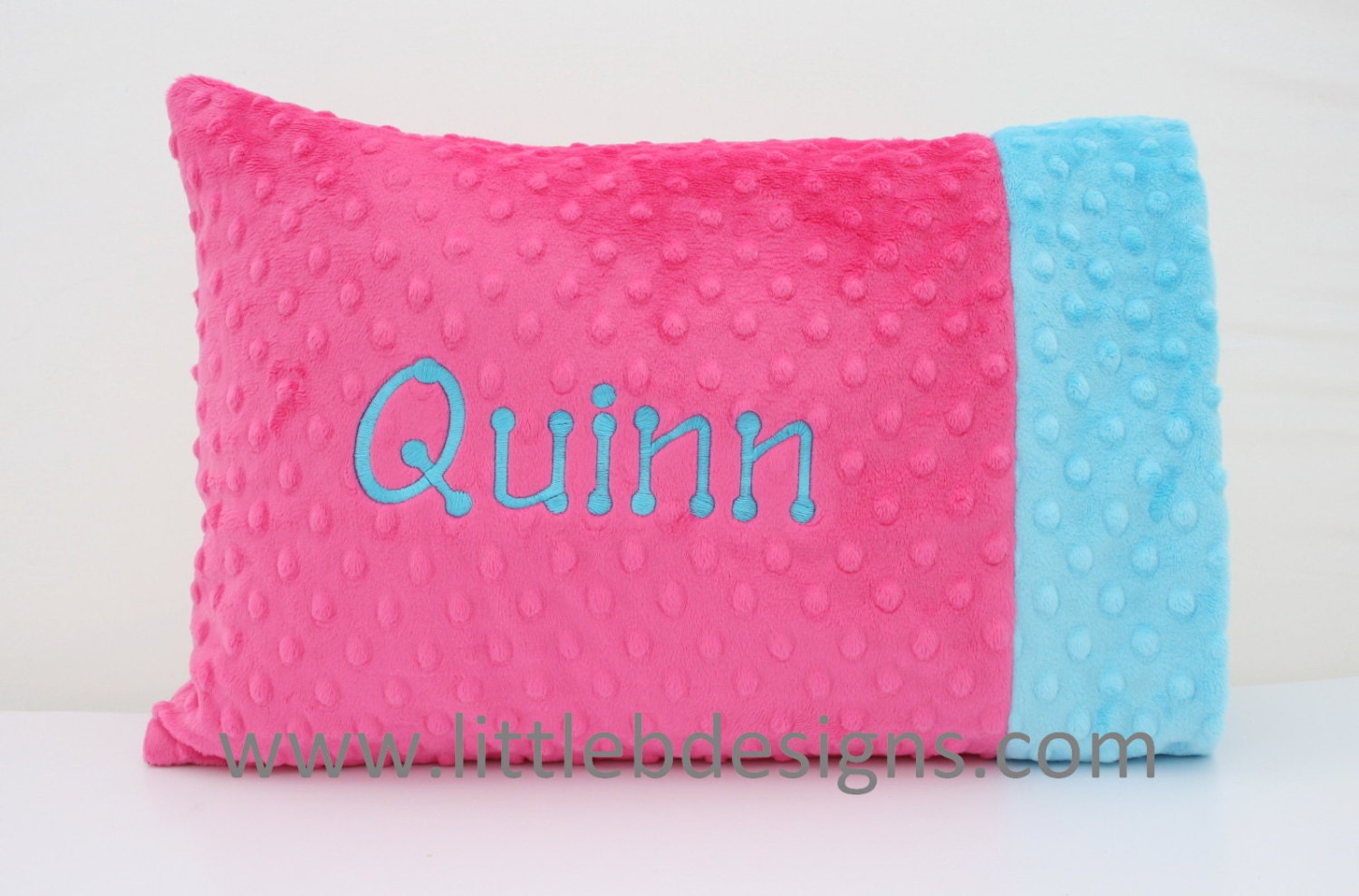 Personalized Toddler Pillow Case and Pillow - Over 30 Minky color options - Hot Pink and Aqua - Girl