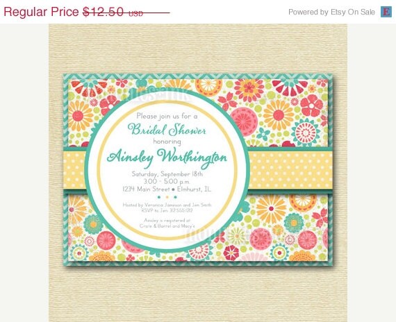 10% Off Holiday Sale Shabby Chic Bright Colorful Flowers and Polka Dots Bridal Shower Invite - PRINTABLE INVITATION DESIGN Il_570xn