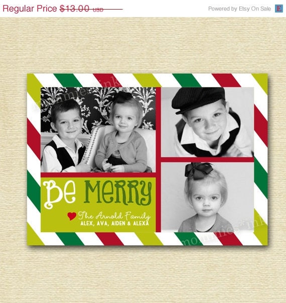 10% Off Holiday Sale Be Merry Modern Diagonal Stripes Three Photo Christmas Card - PRINTABLE CARD DESIGN Il_570xn