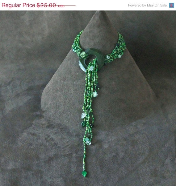 ON SALE Lariat Necklace Green Beaded: "Forest Faerie Door" RETIRES Midnight 7/23/2013