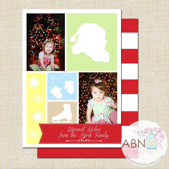 Holiday Christmas Photo Card - COLOR BLOCKED 5x7 - PRINTABLE Squares Customized Photo Christmas Card Il_570xn
