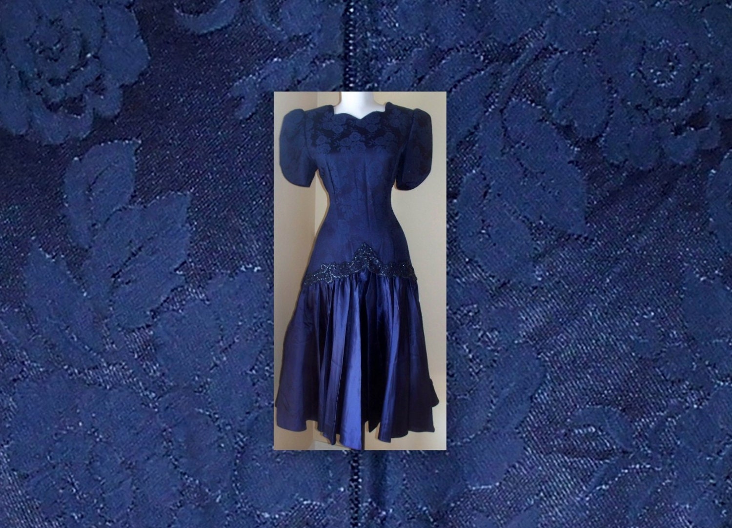 80s Party Prom -  dark blue - cut out back - satiny skirt -  big bow
