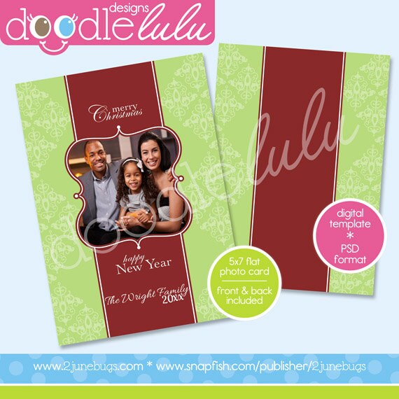 INSTANT DOWNLOAD Digital Printable 5x7 Red and Green Damask Christmas Photo Card Template (Photoshop) PSD by Doodlelulu 2 june bugs Il_570xn