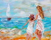 Original oil painting Summer Beach Girls Boat on canvas by Karen Tarlton impressionism impasto palette knife fine art