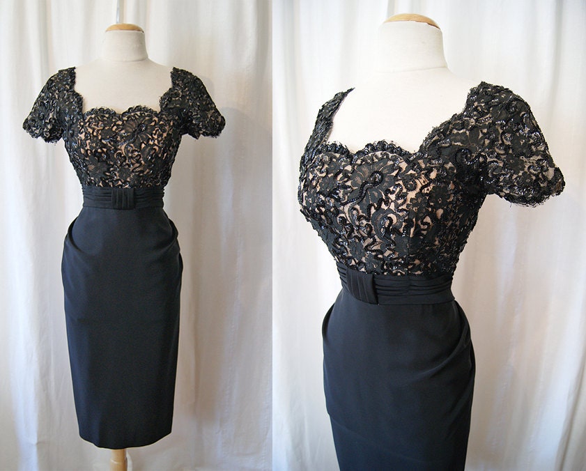 Elegant 1950's Emma Domb Black Illusion Lace Cocktail Dress Vintage Wiggle Dress Pinup Vixen Bombshell Size Medium