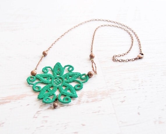 Lace Necklace Astrea Jade Green Lace Pendant Vintage Copper Beads Mixed Media Jewelry
