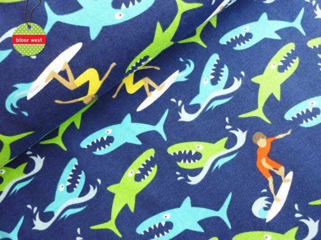 Stretchjersey "Catch a Wave" blue/green Organic by hamburger liebe design from Hilco 0,5m