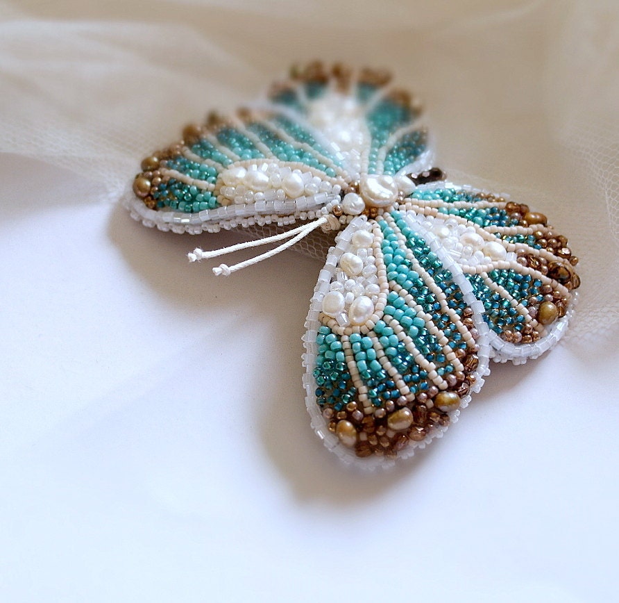 Items similar to Turquoise ivory brown butterfly brooch bead