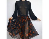 Vintage Chiffon Dress // Black and Orange Sheer Silk Chiffon Dress Bishop Sleeves Tiny Buttons Down Back - VintageDevotion