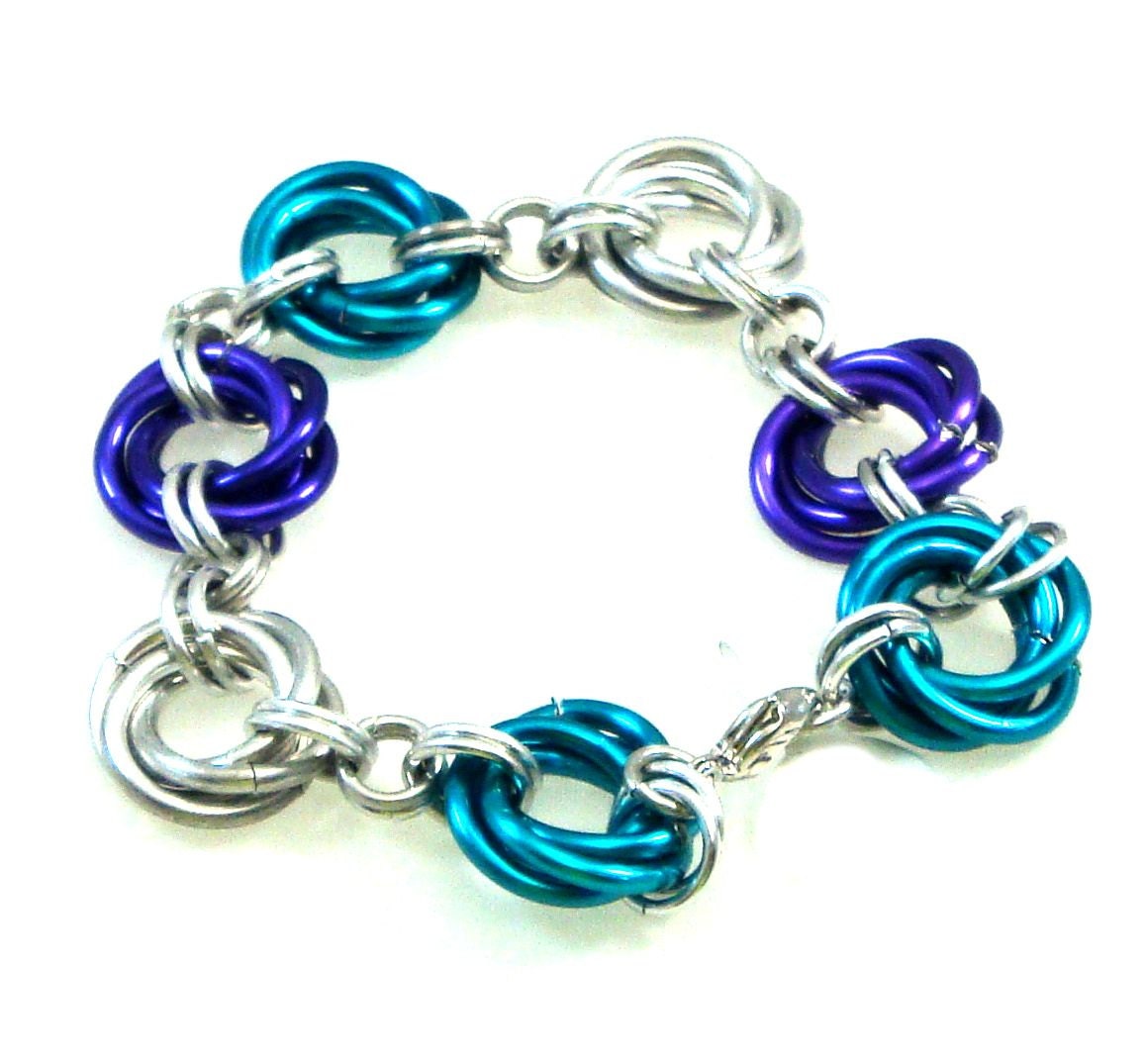 Chainmaille Jewellery, Chainmail Bracelet, Mobius, Purple, Teal, Silver