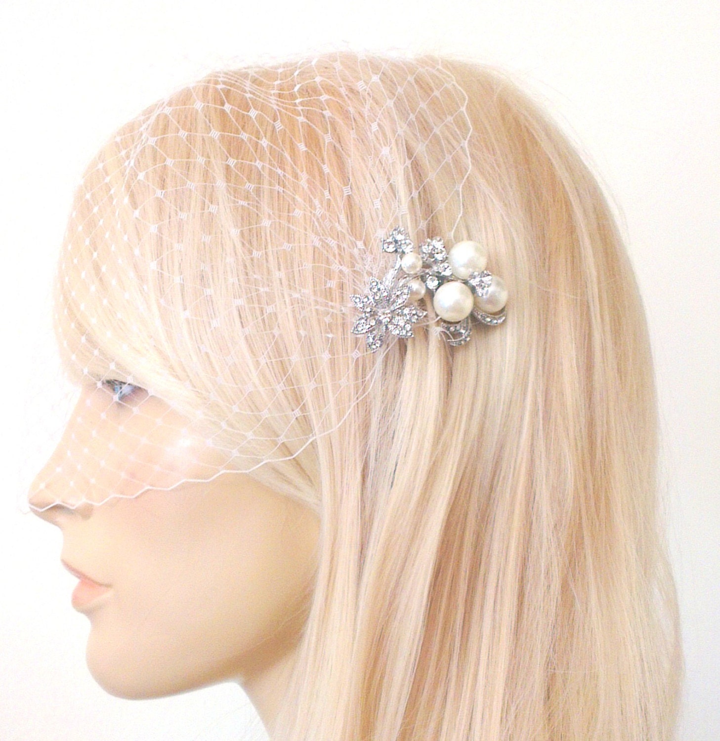 birdcage veil and a small bridal comb (2 Items) -  Swarovski Pearls Comb,Wedding comb,bridal headpieces , rhinestone bridal Hair comb