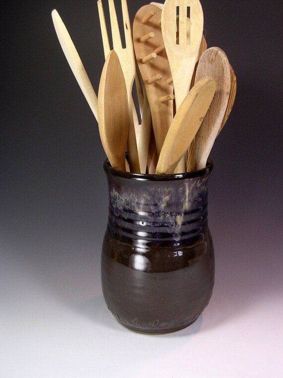 Utensil holder pot vase brown glaze by WillowTreePottery on Etsy