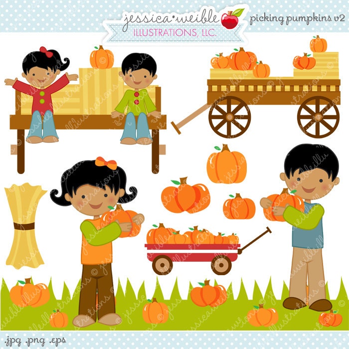 Picking Pumpkins V2 Cute Digital Clipart - Commercial Use OK - Hayride Graphics, Pumpkin Clipart, Autumn Graphics, Pumpkin Patch Il_570xn