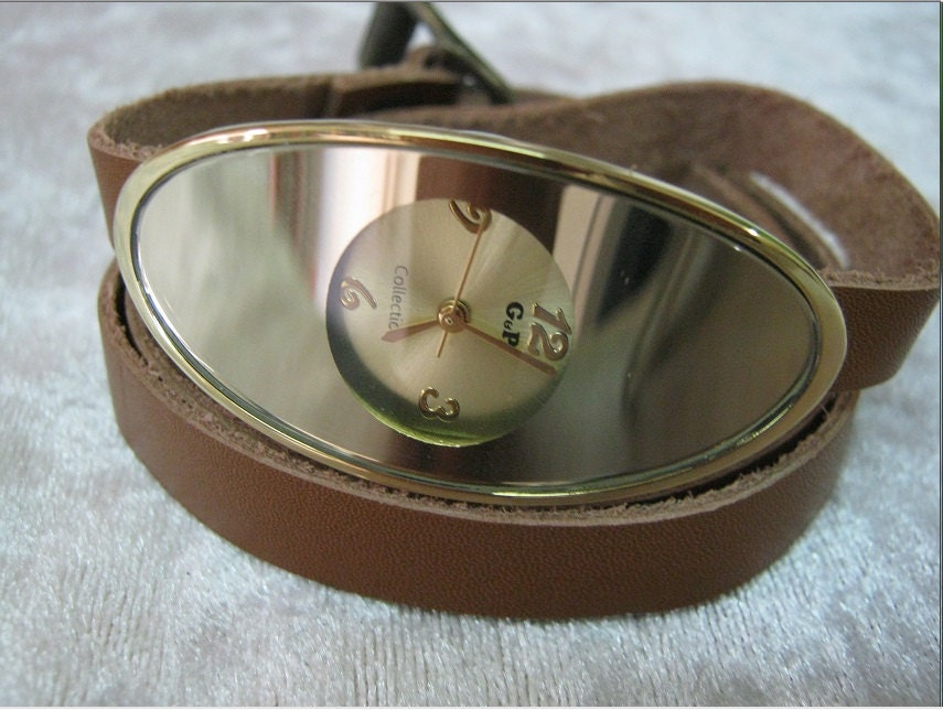 Leather Wrap Watch Handmade Round Retro Vintage Bracelet Wrap Camel Tan Leather Gold Bronze Watch lovely Roman Numbers pattern FREE SHIP