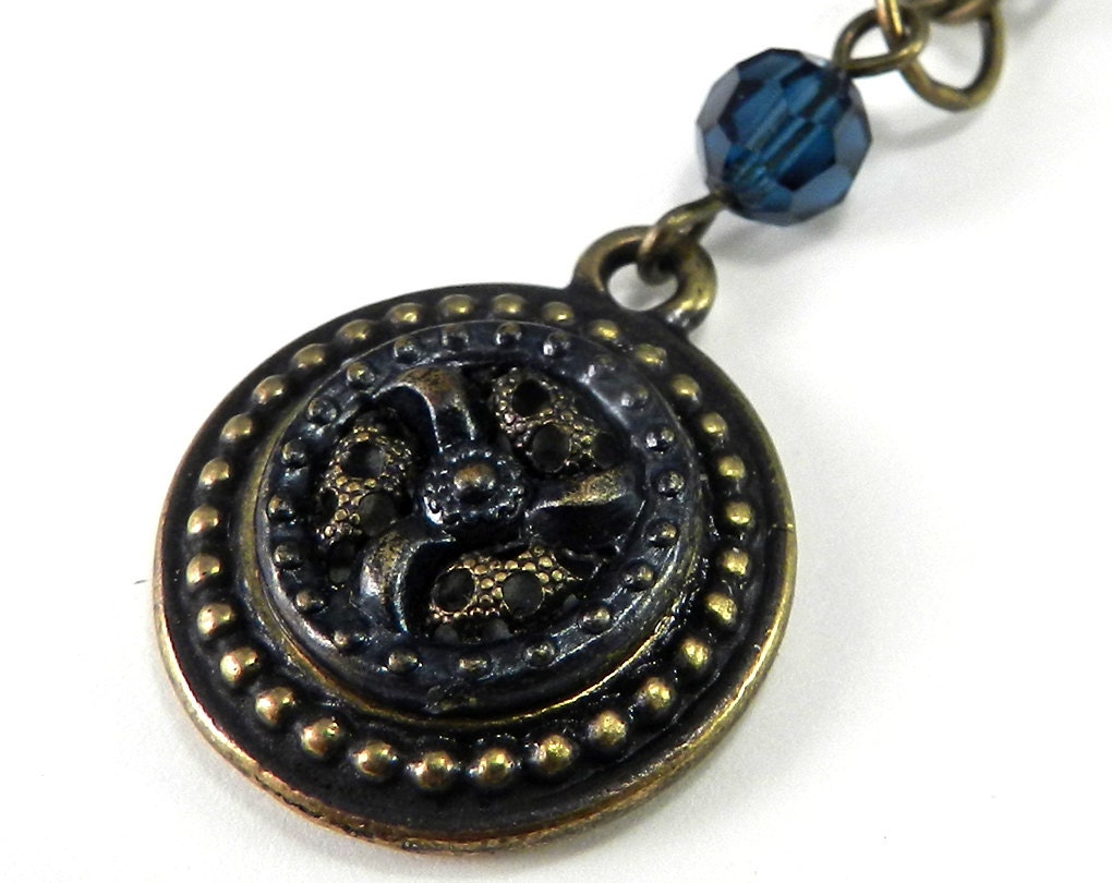 Victorian Button Jewelry Blue Flower Blossom Victorian Button Necklace with Reversible Pendant Handmade by Compass Rose Design