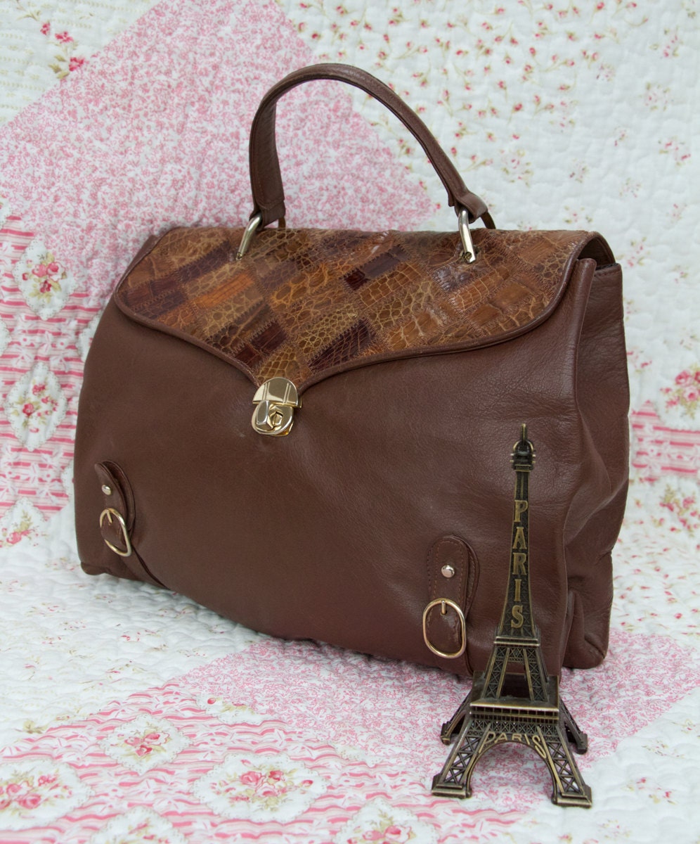Catrine, French Vintage, Dark Tan Leather Satchel, Snakeskin Handbag from Paris