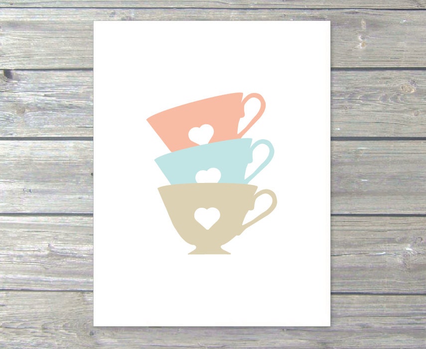 Teacups Kitchen Wall Art Digital Print -  Peach Mint Tan Pastel Colors - Tea Time - Coffee Love - Heart