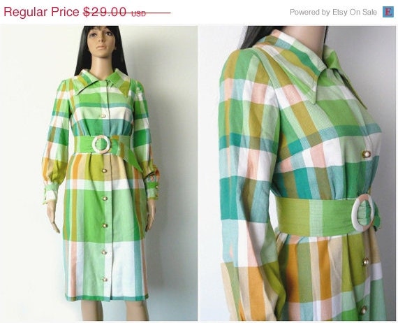 Vintage 60s green plaid dress belted (medium)
