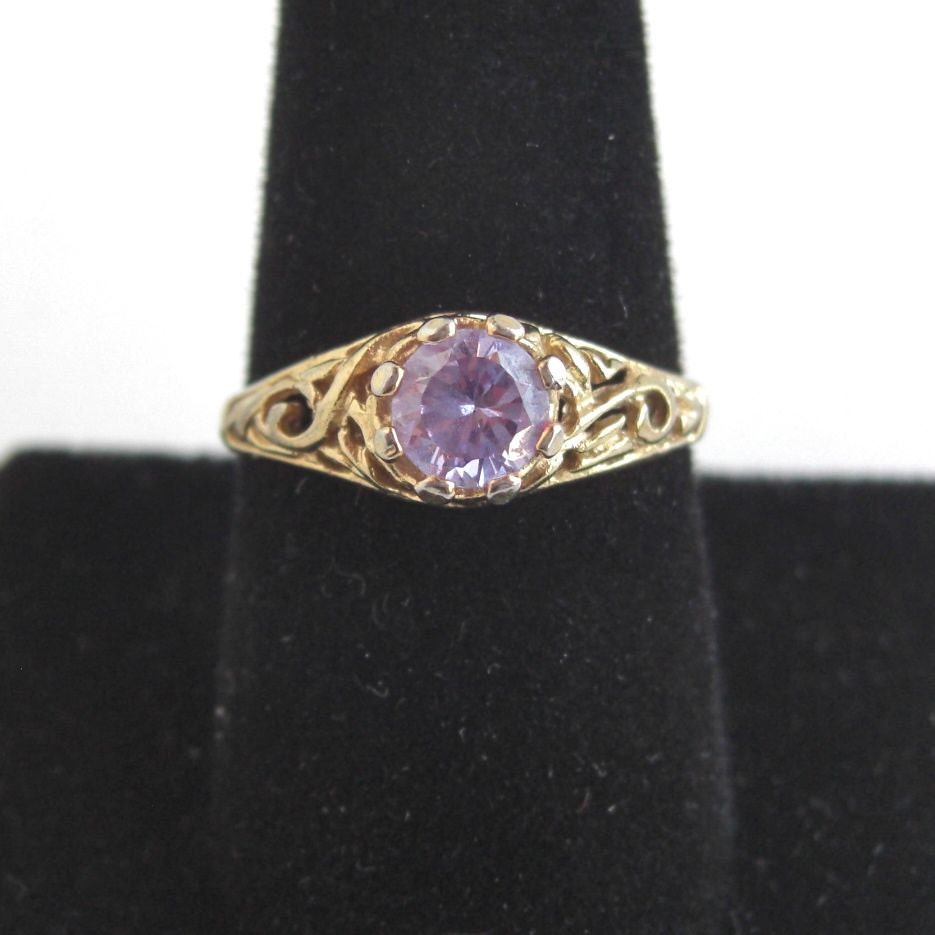 Vintage Amethyst Colored Ring - Filigree Gold Tone Band