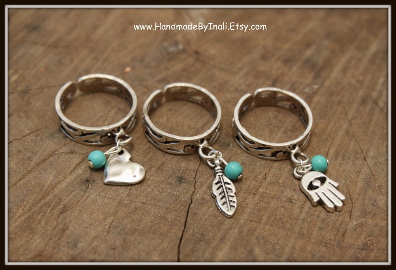 Silver adjustable Ring with tiny Turquoise bead and silver Charm Dangle Unique Handcrafted Jewelry Bohemian Hippie Gypsy Feather Hamsa Heart