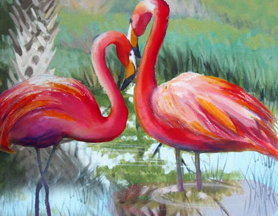Love Birds Flamingo watercolor painting reds greens landscape